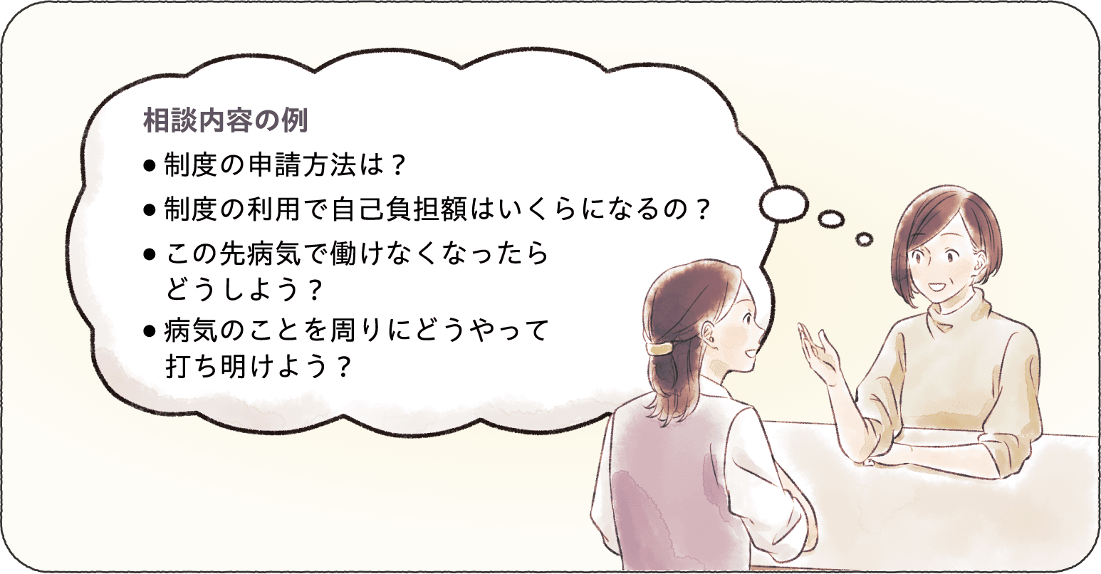 相談内容の例・・・「 制度の申請方法は？」「 制度の利用で自己負担額はいくらになるの？」「この先病気で働けなくなったらどうしよう？」「病気のことを周りにどうやって打ち明けよう？」など